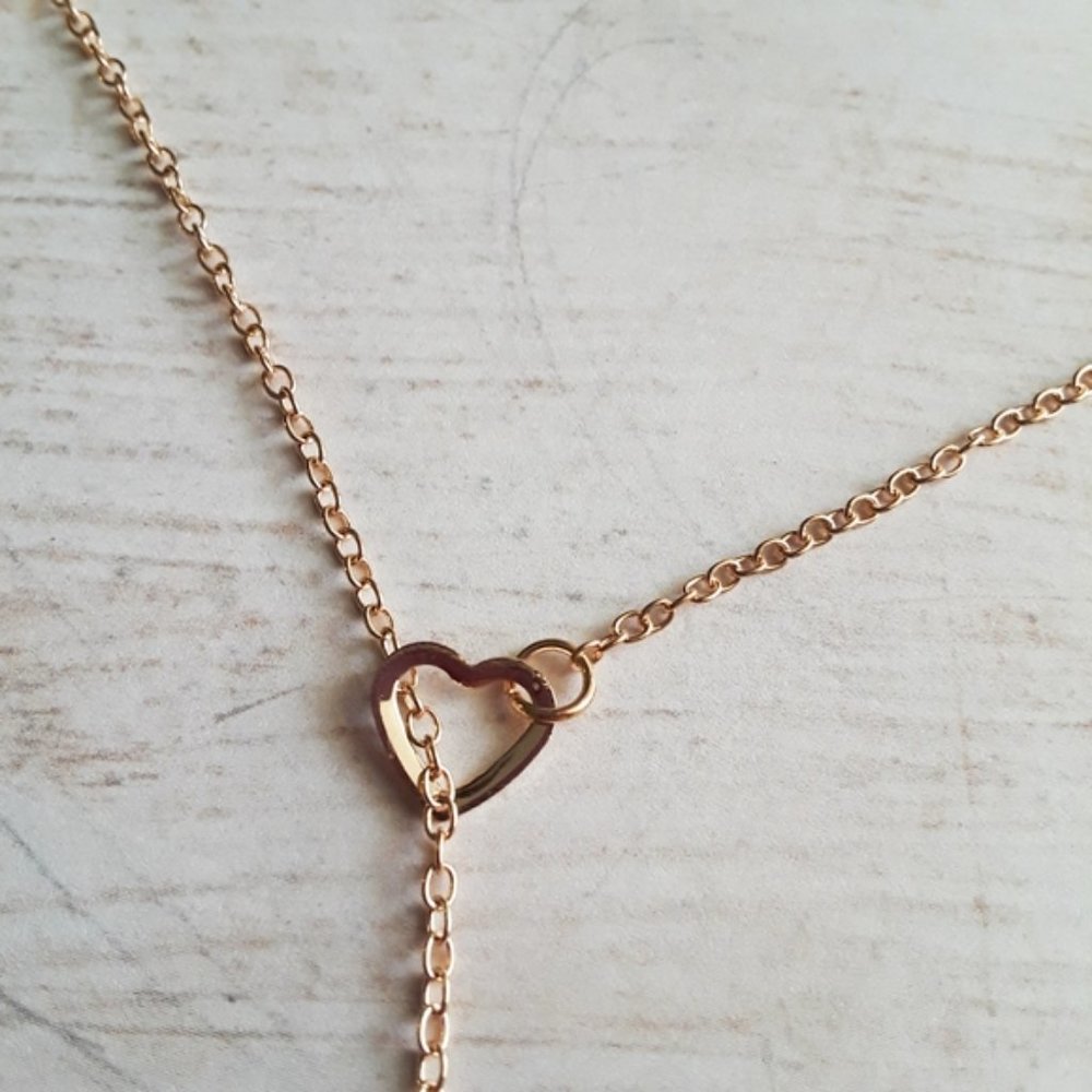 Double Heart Lariat Dainty Gold Minimalist Necklace - Picture 5 of 8